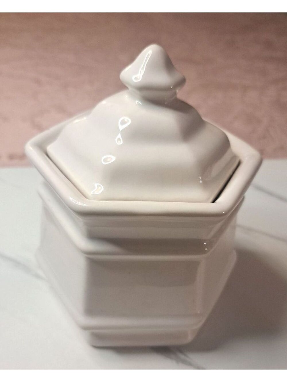 Vintage Haeger 8080 Hexagon Shaped White Sugar Bowl 5"